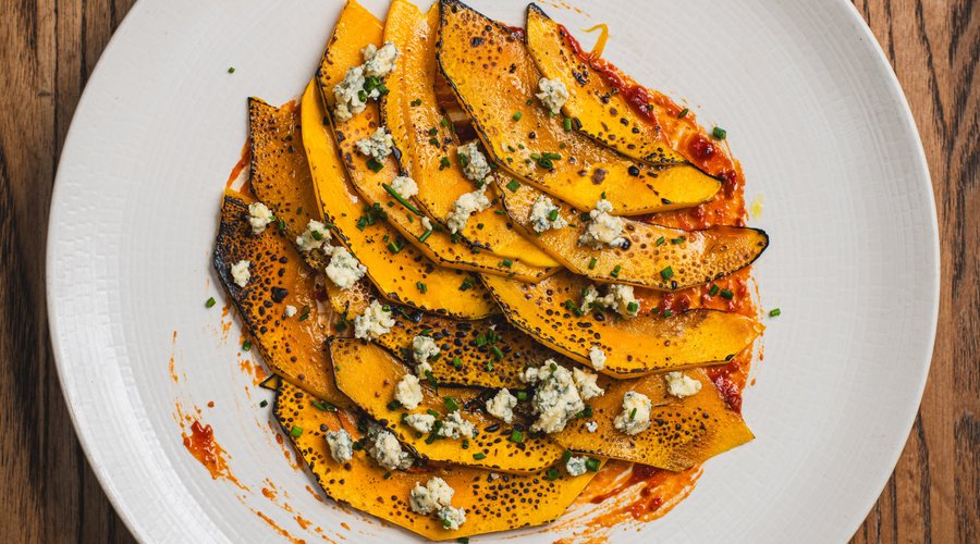 Torched iron bark pumpkin carpaccio, sunflower seed