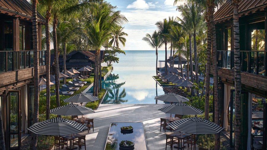 Resort beachfront view overlooking swimming pool and the Gulf of Thailand