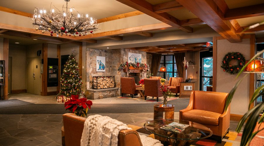 Christmas decorations in the lobby at the Sundial Hotel, Whistler.