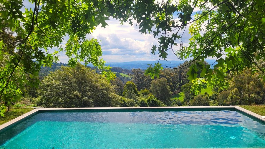 Tuscan pool terrace with magnificent views of the Latrobe Valley to Mt Baw Baw