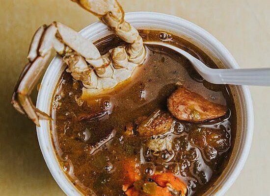 Bowl of gumbo with crab