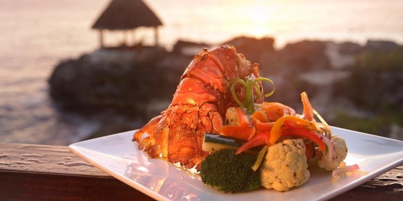 Plate of lobster and vegetables with ocean in background