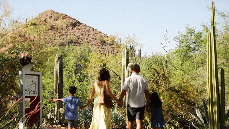 Family walking through the Desert Botanical Garden, in Phoenix