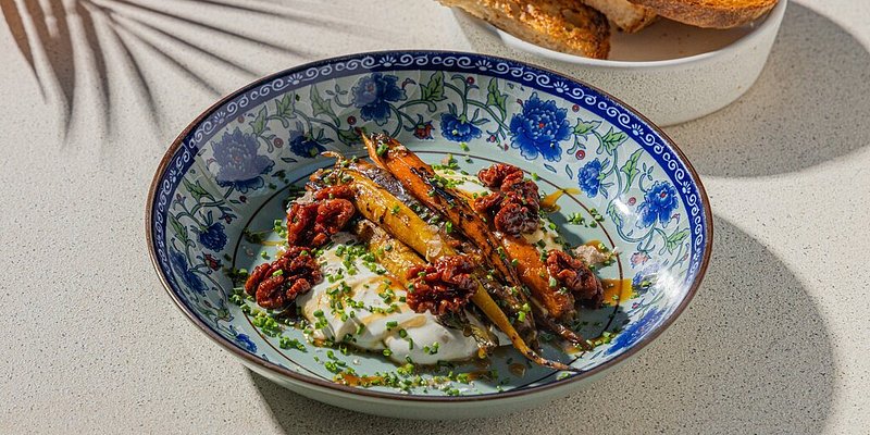 Heirloom tomatoes on smoked labneh at Jun's