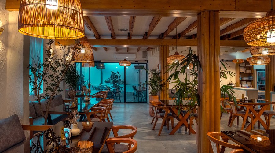 The interior space of the second floor of Avlos Restaurant
