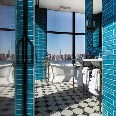 View of New York City skyline from a guest bathroom