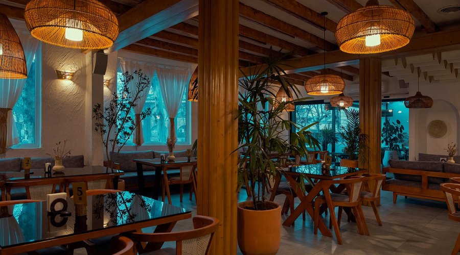 The interior space of the second floor of Avlos Restaurant