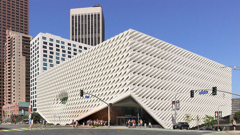 People walking past The Broad, in Los Angeles