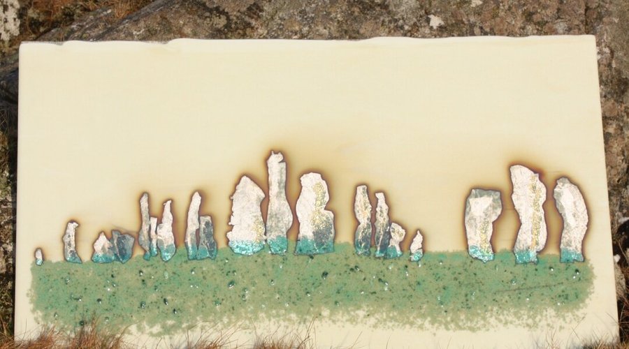 Large panel of Callanish stones in silver foil, vanilla glass and aqua frit
