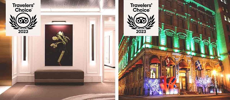 Left: Large flower artwork on white wall in hallway space; Right: Exterior of hotel lit up with green lights at night