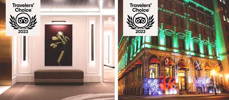 Left: Large flower artwork on white wall in hallway space; Right: Exterior of hotel lit up with green lights at night