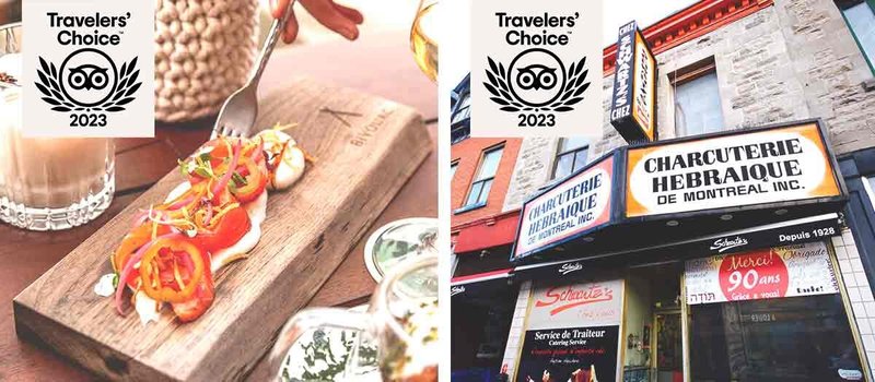 Left: Wooden board topped with burrata and vegetables; Right: Exterior of Schwartz’s