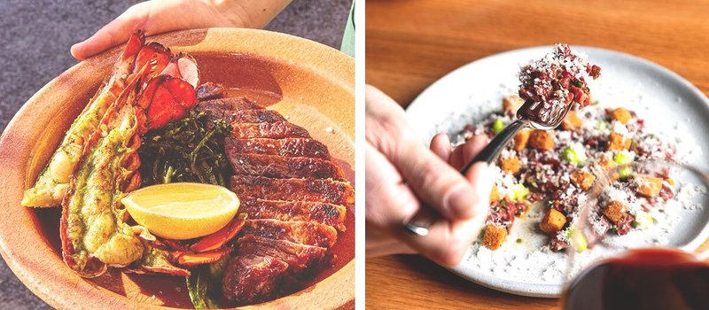 Left: Surf and turf dish; Right: Fork picking up dish with quinoa and sweet potato