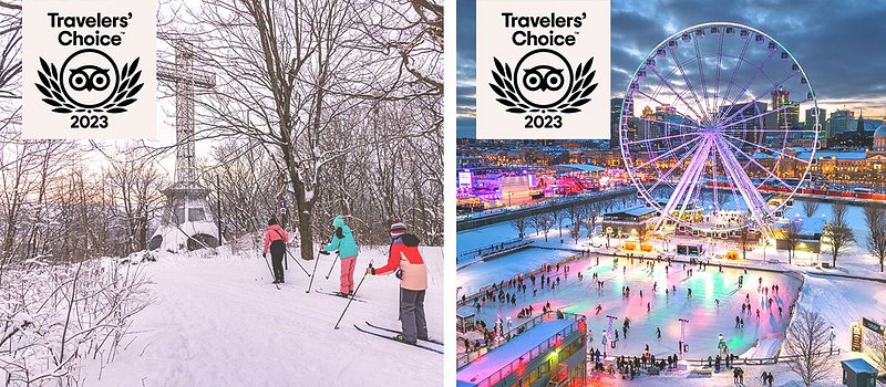 Left: Three people skiing on snow; Right: Ice skating rink next to ferris wheel 