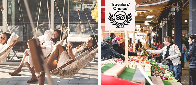 Left: People sitting in hanging woven chairs; Right: People shopping at farmers market