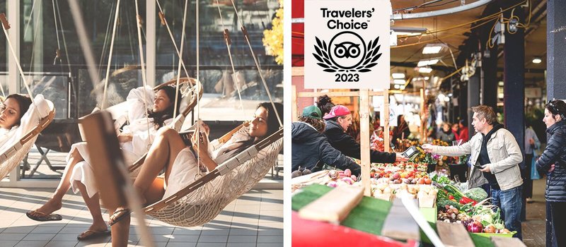 Left: People sitting in hanging woven chairs; Right: People shopping at farmers market