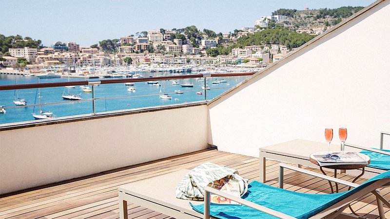 View of the port in Soller from the Esplendido Hotel