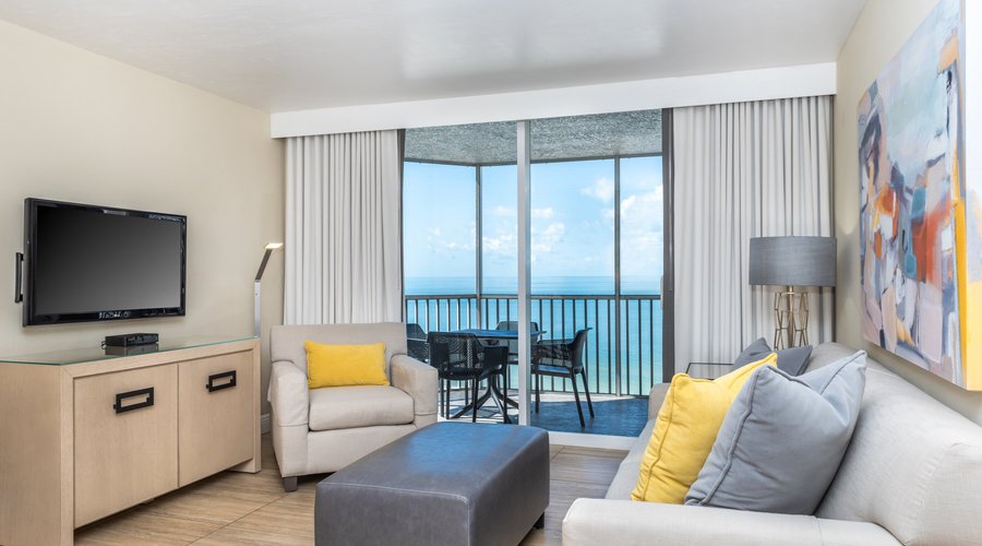 Each 700 sq.ft. recently updated suite features new furniture throughout, a living room with a queen-sized sleeper sofa, a separate bedroom with a king-sized bed, and a private bathroom with walk-in shower—plus granite surfaces and tile floors throughout. All suites also have a private lanai to enjoy the gorgeous views. Available in Gulf view, pool beach view, and beachfront view.