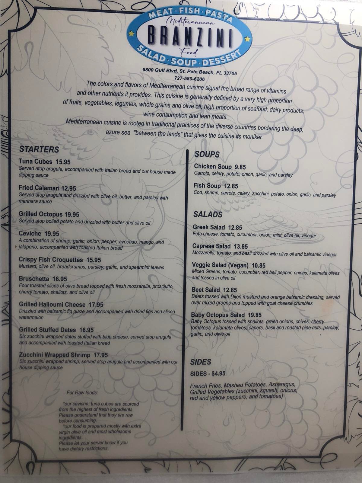 Branzini Mediterranean Restaurant St. Pete Beach Menu: A Culinary Journey