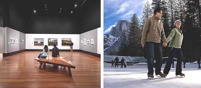 Left: Three people looking at art in gallery; Right: Two people holding hands while wearing ice skates