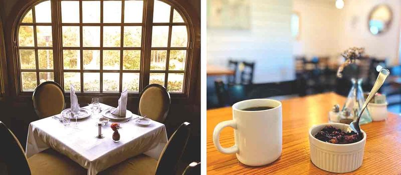 Left: White-clothed table next to window; Right: White mug of coffee next to ramekin