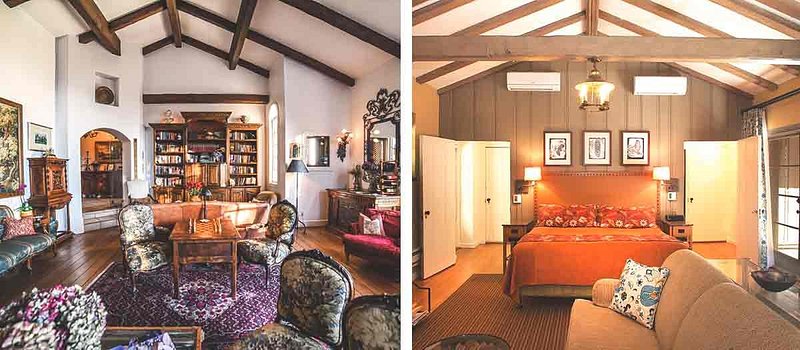 Left: Living space with antique furniture, patterned chairs, and a bookshelf; Right: Guest room with wood beams on the ceiling and orange bedding