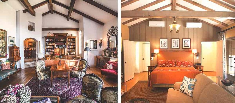 Left: Living space with antique furniture, patterned chairs, and a bookshelf; Right: Guest room with wood beams on the ceiling and orange bedding