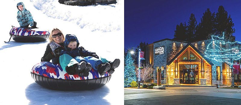 Left: Parent with child and one child riding snow tubes; Right: Exterior of building at night with Christmas tree and lights