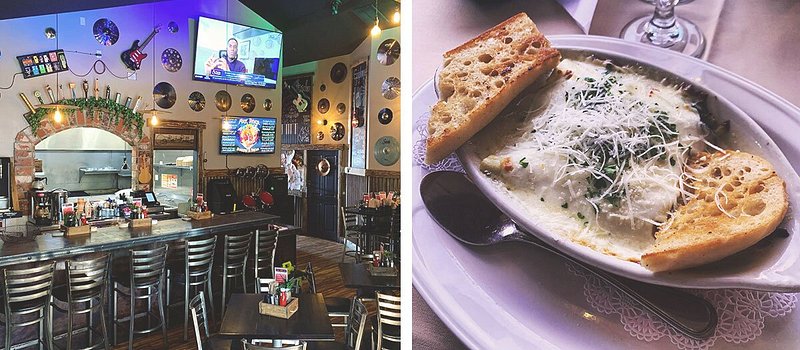 Left: Retro diner with metal bar and records on the wall; Right: Vegetable stuffed cannelloni dish served with bread