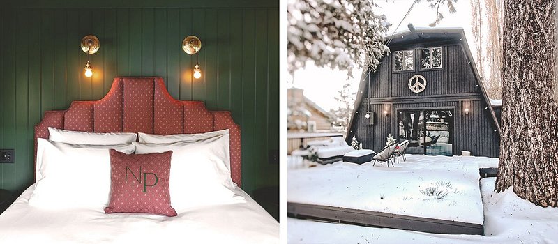 Left: Bed with dark-red patterned fabric headboard and matching pillow against green wall; Right: Exterior of cabin with decorative peace sign on snowy day