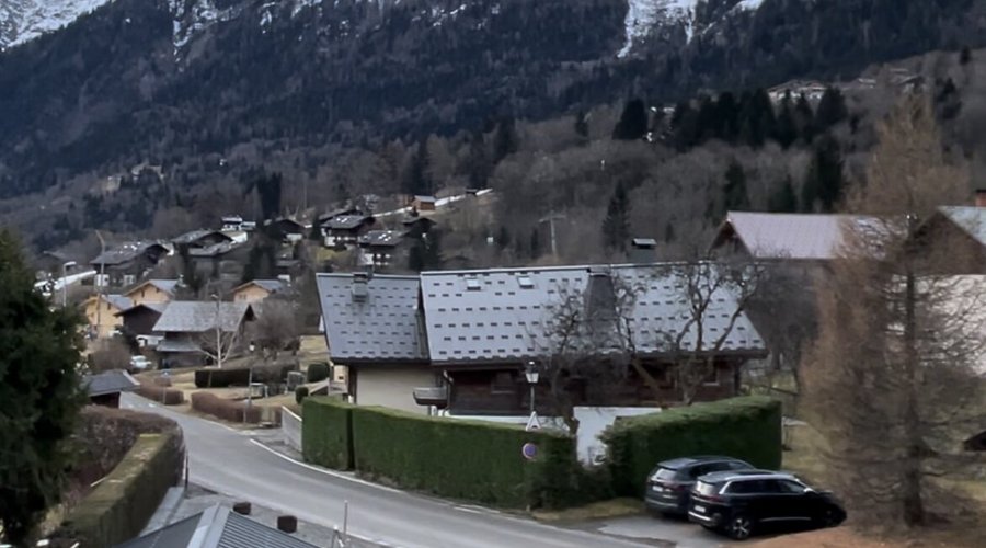 View from balcony out over the driveway and down into Les Houches