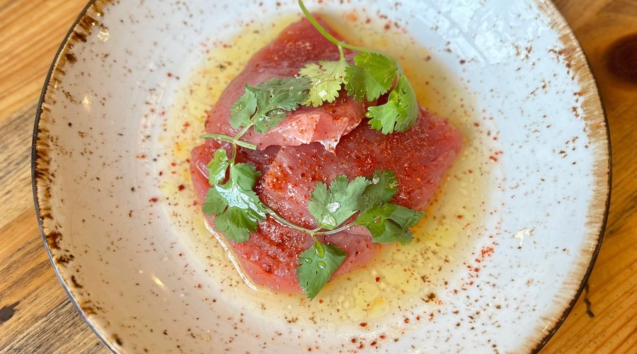 Yellowfin Tuna Crudo with citrus, salted cucumber, Korean chili flake