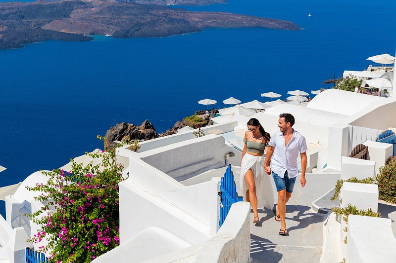 Happy romantic couple on Greek Island Santorini