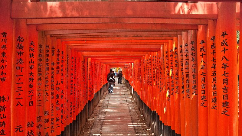 Columned walkway at Fushimi Inari shrine, Kyoto, Japan