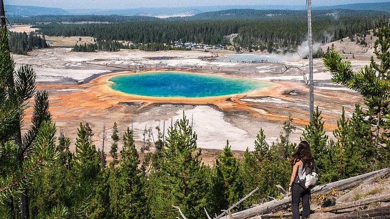 Woman at Grand Prismatic Spring Overlook, in Yellowstone