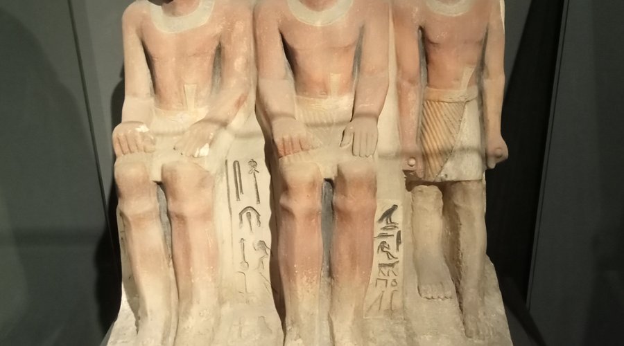 Group statue of Mersuankh (same person at different ages) Old Kingdom style. Alexandria National Museum, Egypt. April 2024