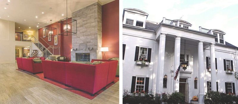 Left: Lobby with red seating and fireplace; Right: Exterior of three-story white inn with flower boxes