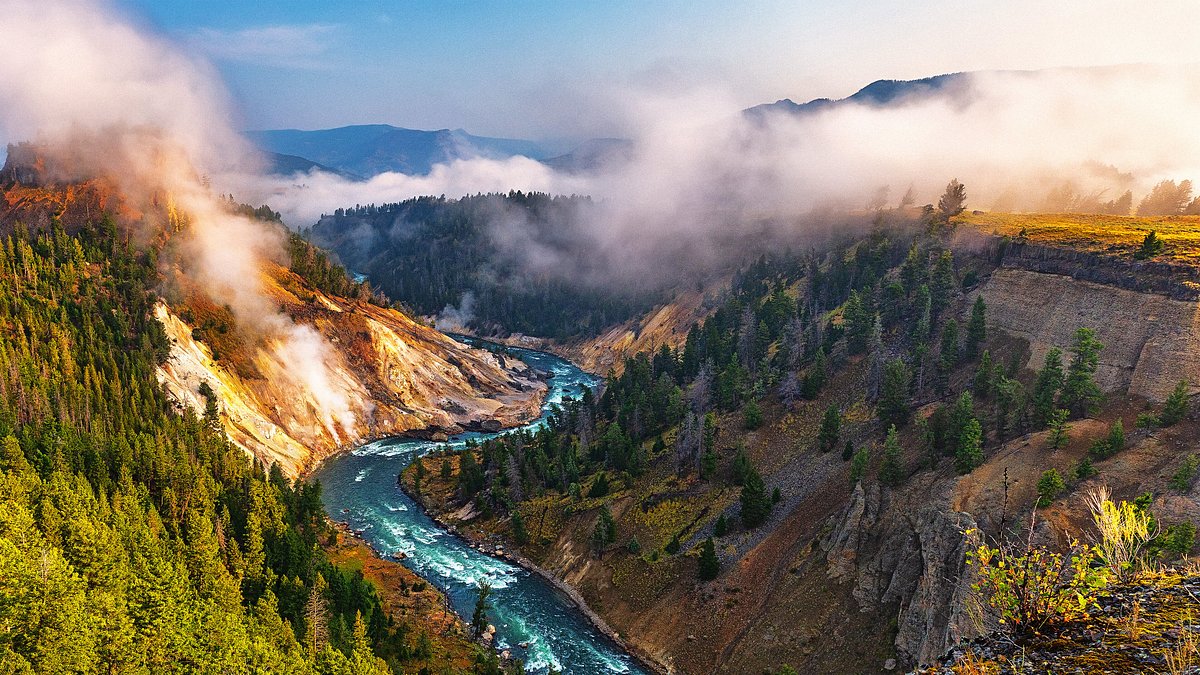 Aerial view of Calcite Springs and the Yellowstone River, in Yellowstone National Park
