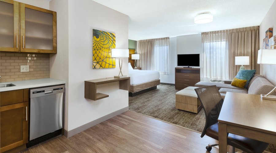 Our king studio suite is 423 square feet complete with a full kitchen, living area, and spacious bathroom.