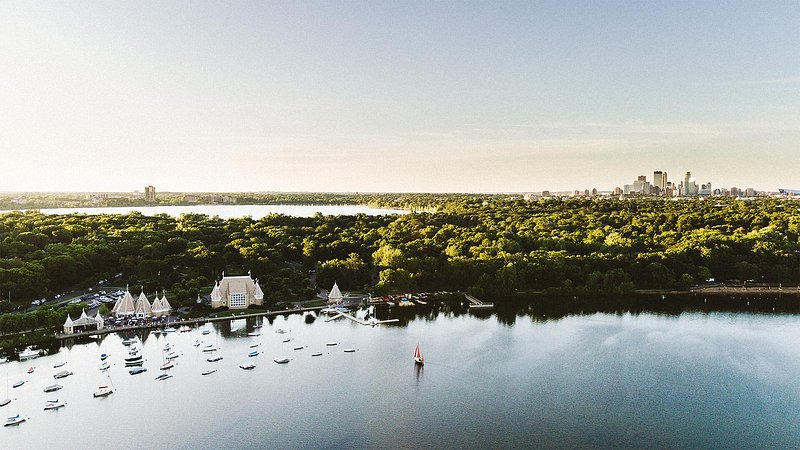 Aerial view of Lake Harriet with the Minneapolis skyline