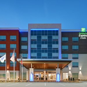 Hotel front exterior at dusk