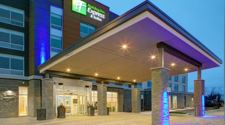 exterior view of front entrance at dusk