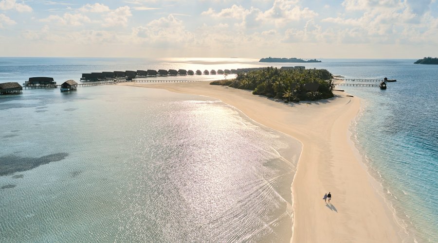 Aerial Sandbank Couple Walking Sunrise