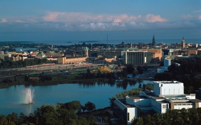 Finlandia Hall and a view over the Helsinki City skyline