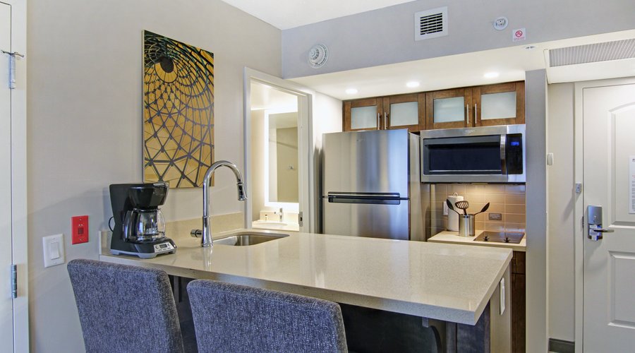 Enjoy a refrigerator, dishwasher, microwave and coffee maker.