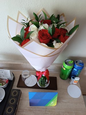 Flowers delivered to hotel room via concierge services.