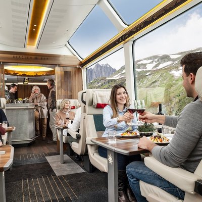 Inside the dining car of The Glacier Express.