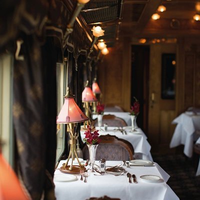 Inside the dining car of the Eastern & Oriental Express train.