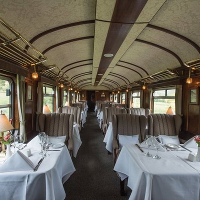 The dining car inside the The Lake Titicaca Train.