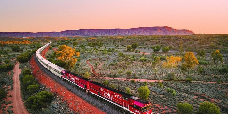 The Ghan on its train journey through the countryside of Australia.